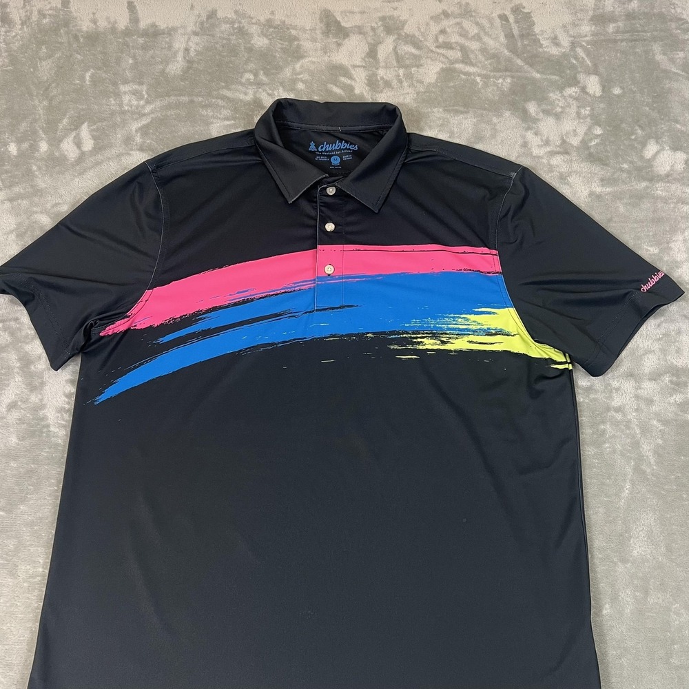 Chubbies Shirt Mens Medium Black Neon Brushstroke Polo Golf Performance Stretch